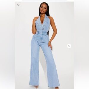 Oh So Icy Embellished Denim Jumpsuit - Light Blue Wash